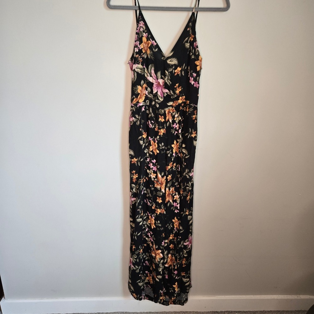 American Eagle Floral pantsuit Black Pink Orange Wide Leg Smocked Back Womens M - Picture 2 of 12